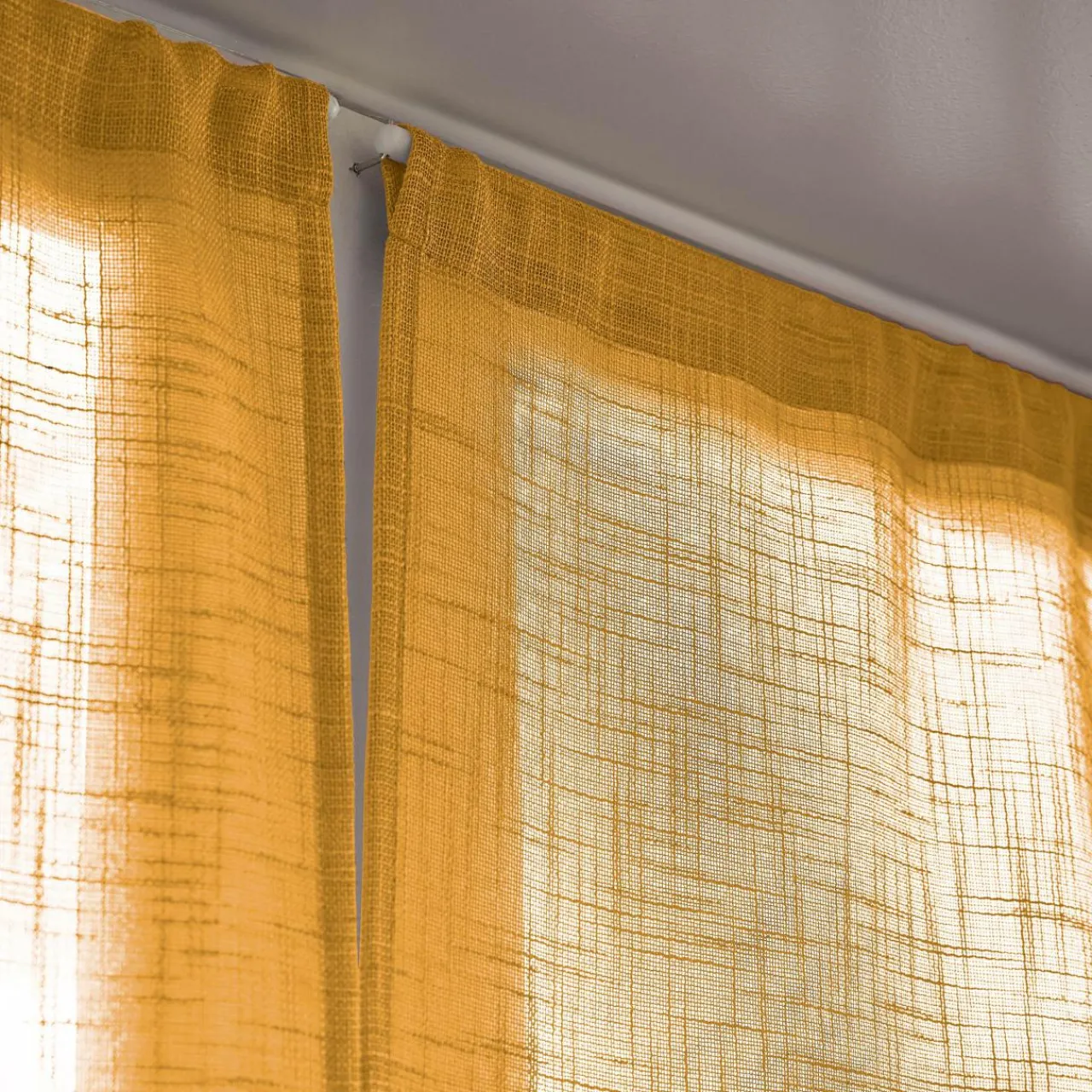 Voilage|EMINZA Paire de voilages passe-tringle effet lin (60 x 160 cm) Robin Jaune ocre