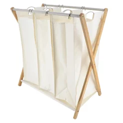 Panier Et Organisateur|Accessoire Salle De Bain|TENDANCE Panier à linge 3 compartiments (H76 cm) Purebamboo Ecru