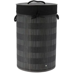 Panier Et Organisateur|Accessoire Salle De Bain|TENDANCE Panier à linge rond et pliable (H55 cm) Bambou et gris Noir