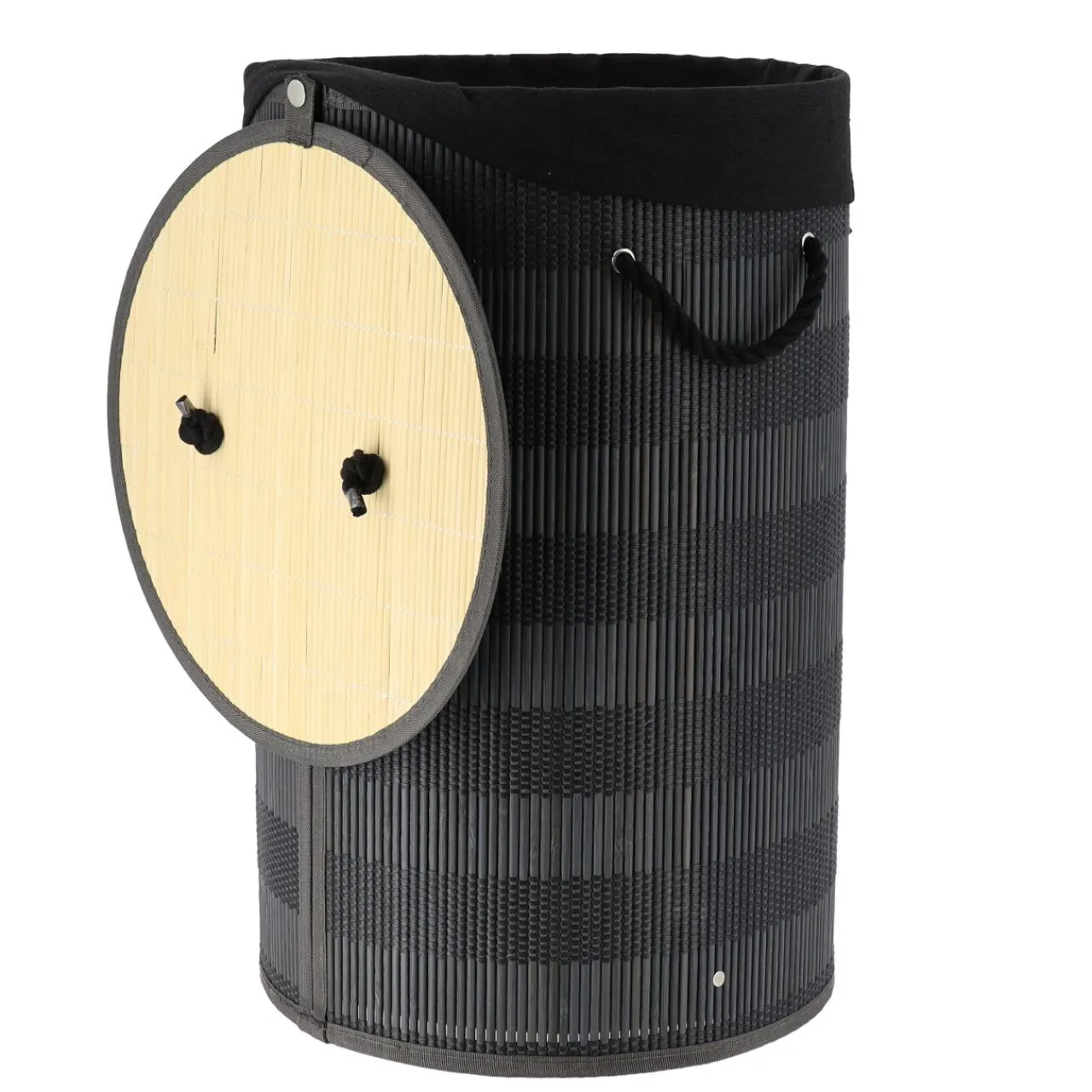 Panier Et Organisateur|Accessoire Salle De Bain|TENDANCE Panier à linge rond et pliable (H55 cm) Bambou et gris Noir