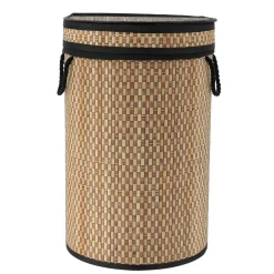 Panier Et Organisateur|Accessoire Salle De Bain|TENDANCE Panier à linge rond et pliable (H55 cm) Damier et naturel Noir