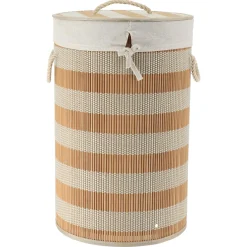 Panier Et Organisateur|Accessoire Salle De Bain|TENDANCE Panier à linge rond et pliable (H55 cm) Bambou et beige Naturel