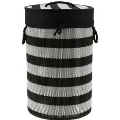 Panier Et Organisateur|Accessoire Salle De Bain|TENDANCE Panier à linge rond et pliable (H55 cm) Bambou Noir et blanc Noir cendré