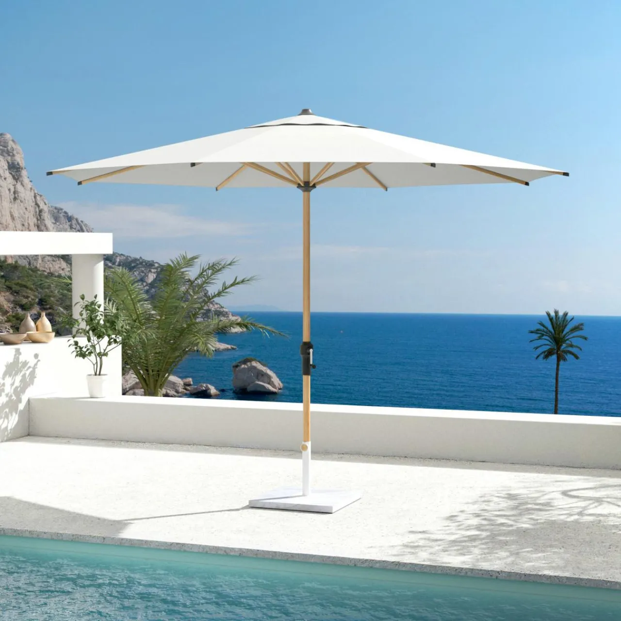 Parasol|MOBELLIA Parasol rond aluminium (D3,5 m) Yucatan effet Bois et blanc Effet bois - blanc