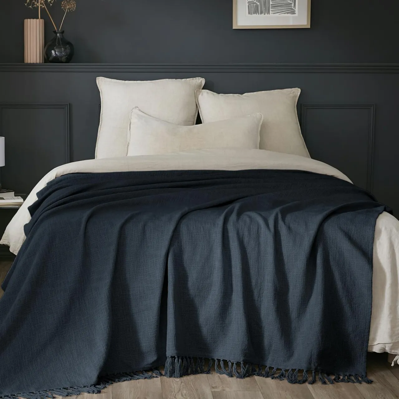 Plaid Et Jeté|Couvre-Lit Et Édredon|L'EFFET PAPILLON Plaid coton (180 x 220 cm) Sixtine Bleu nuit