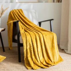 Plaid Et Jeté|EMINZA Plaid doux flanelle (125 x 150 cm) Zag Jaune moutarde