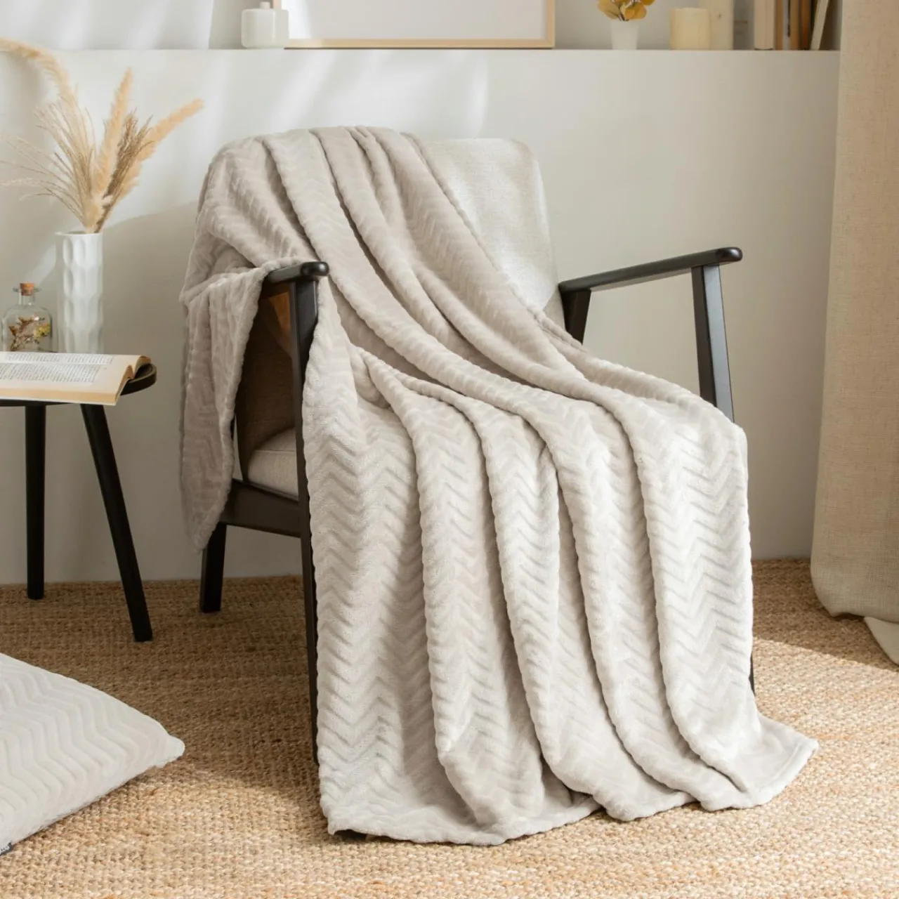 Plaid Et Jeté|EMINZA Plaid doux flanelle (125 x 150 cm) Zag Ecru