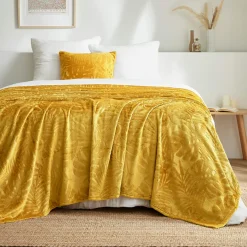 Plaid Et Jeté|EMINZA Plaid doux flanelle (180 x 230 cm) Flore Jaune moutarde