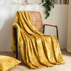 Plaid Et Jeté|EMINZA Plaid doux flanelle (130 x 180 cm) Flore Jaune moutarde