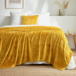 Plaid Et Jeté|EMINZA Plaid doux flanelle (220 x 240 cm) Zag Jaune moutarde