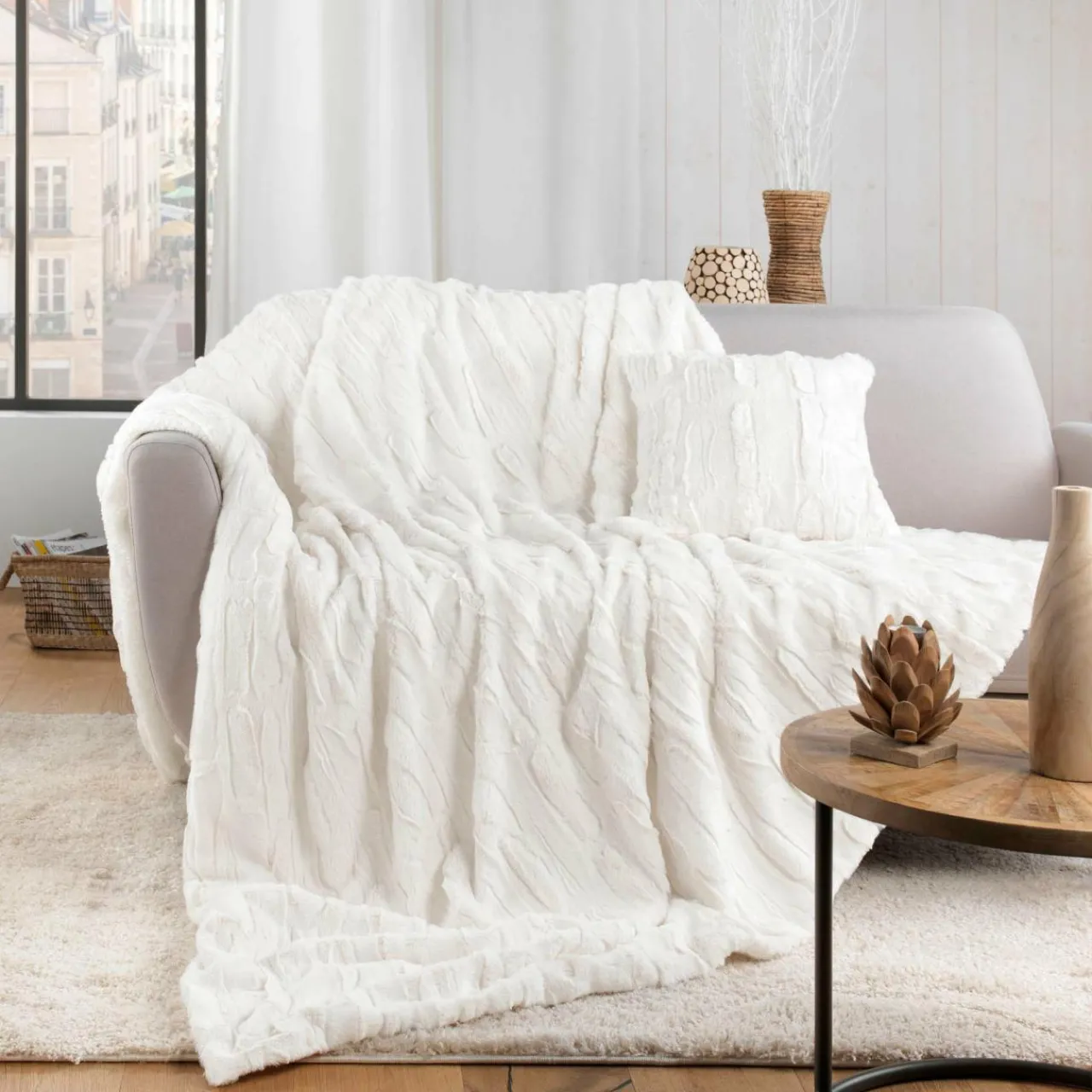 Plaid Et Jeté|douceur d'intu017drieur Plaid fausse fourrure (125 x 150 cm) Foxy Ecru