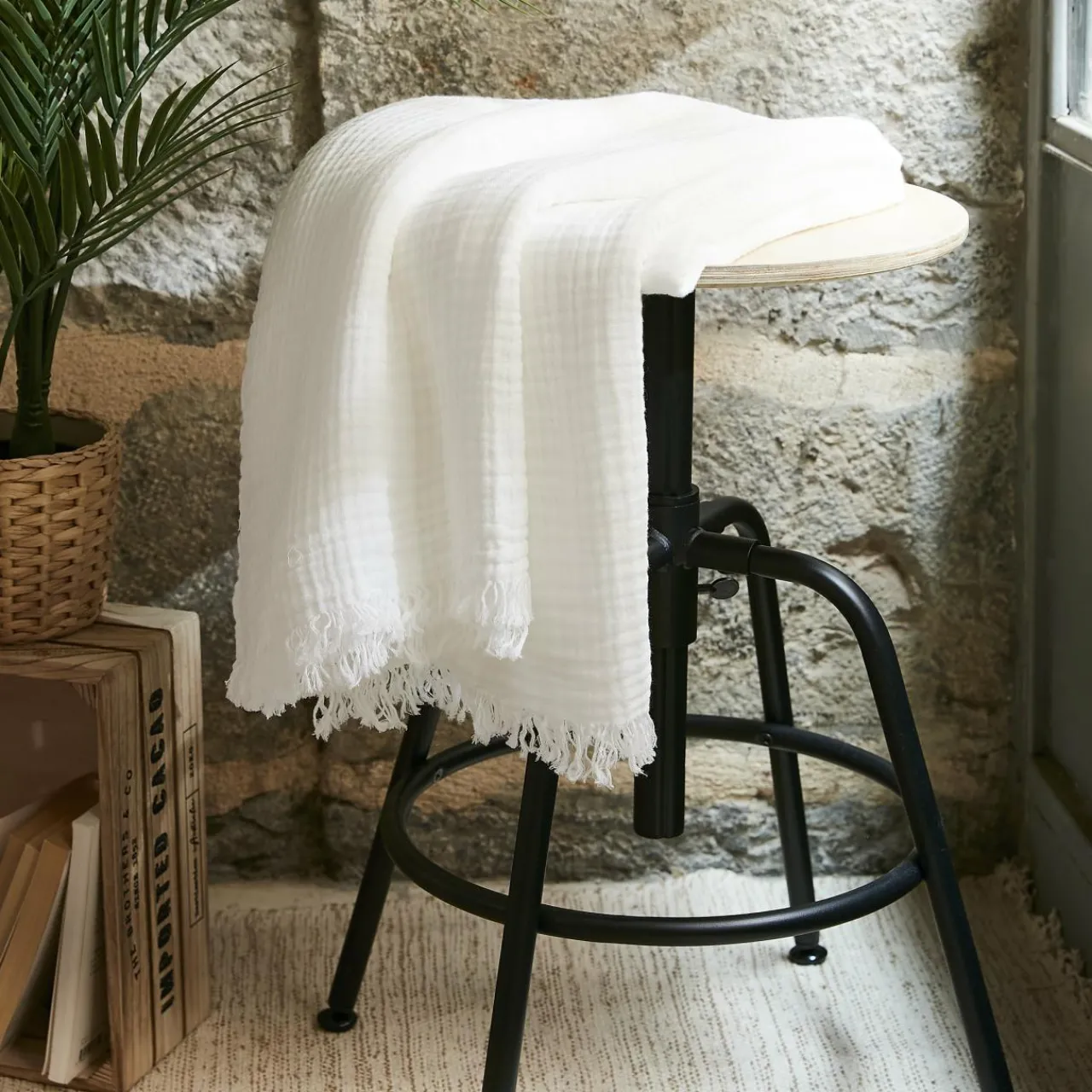 Plaid Et Jeté|Couvre-Lit Et Édredon|EMINZA Plaid gaze de coton (130 x 160 cm) Gaïa chantilly Blanc