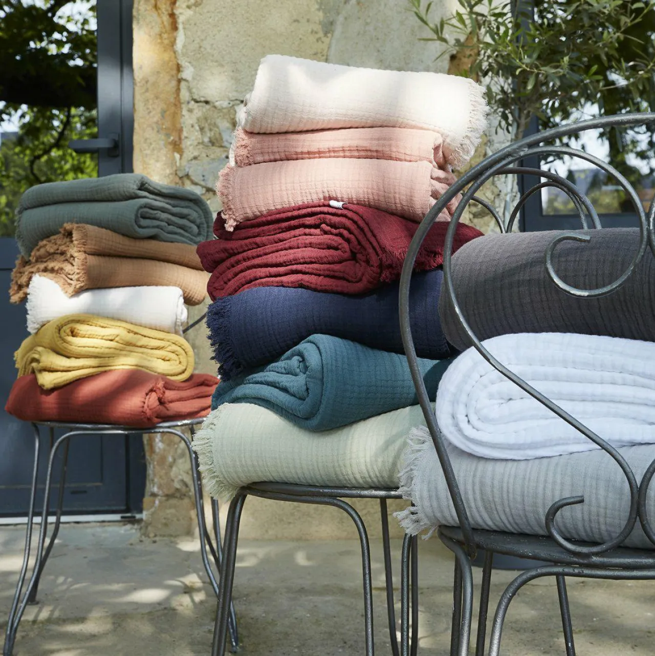 Plaid Et Jeté|Couvre-Lit Et Édredon|EMINZA Plaid gaze de coton (130 x 160 cm) Gaïa chantilly Blanc