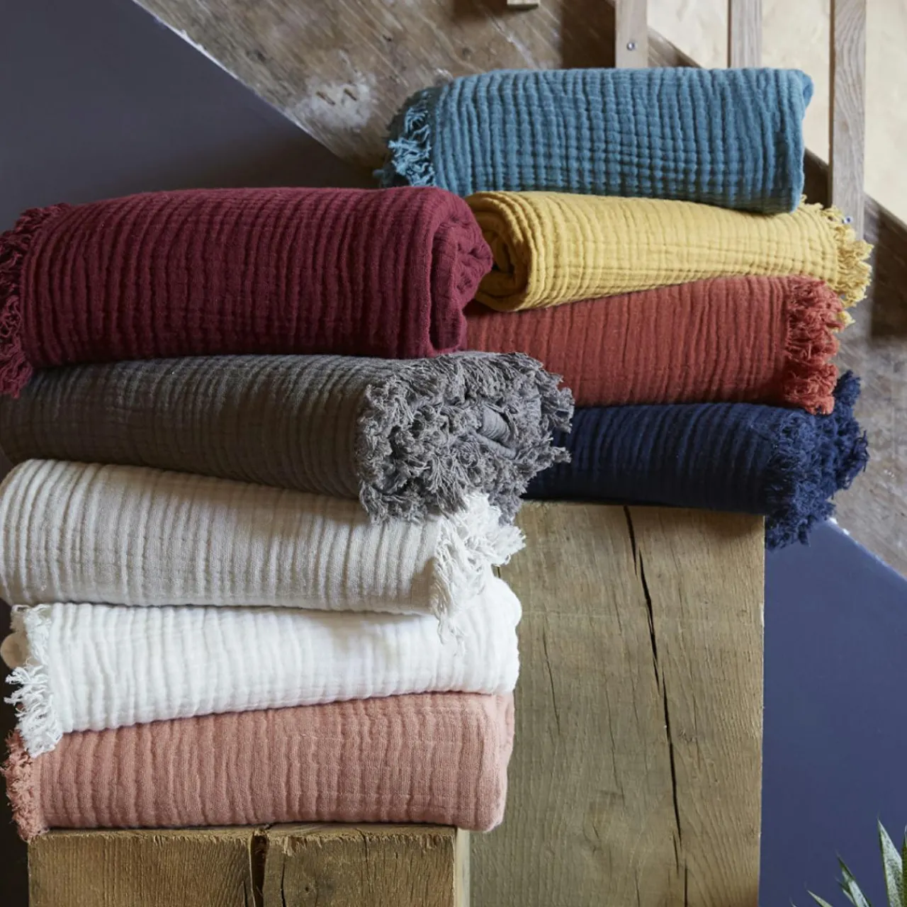 Plaid Et Jeté|Couvre-Lit Et Édredon|EMINZA Plaid gaze de coton (130 x 160 cm) Gaïa Vert Eucalyptus