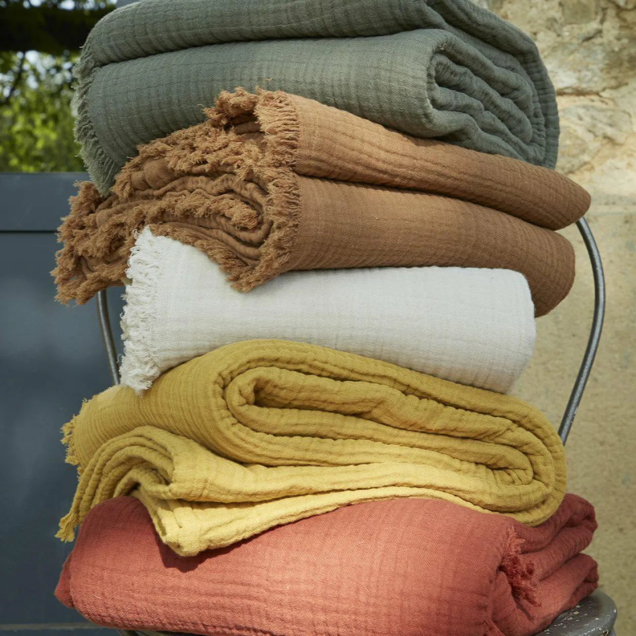 Plaid Et Jeté|Couvre-Lit Et Édredon|EMINZA Plaid gaze de coton (180 x 220 cm) Gaïa Vert romarin