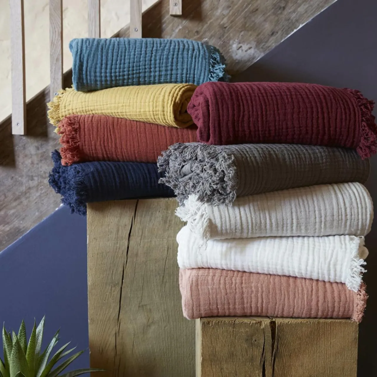 Plaid Et Jeté|Couvre-Lit Et Édredon|EMINZA Plaid gaze de coton (180 x 220 cm) Gaïa pampa Beige