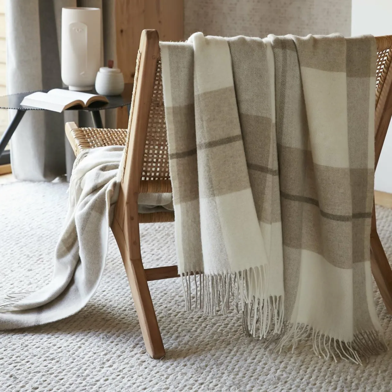 Plaid Et Jeté|Couvre-Lit Et Édredon|L'EFFET PAPILLON Plaid laine naturelle (140 x 200 cm) Marius Beige