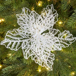 Décoration De Sapin|KAEMINGK Poinsettia de Noël paillettes sur clip (D23 cm) Blanc