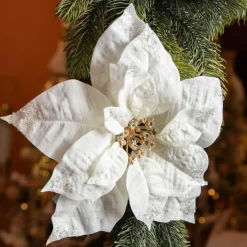 Décoration De Sapin|KAEMINGK Poinsettia de Noël sur clip (D25 cm) Pureté pailletée Blanc