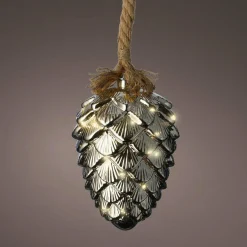 Déco Et Objet De Noël|Déco Et Objet Lumineux|KAEMINGK Pomme de pin lumineuse à piles 15 LED (H21 cm) Argent et Blanc chaud