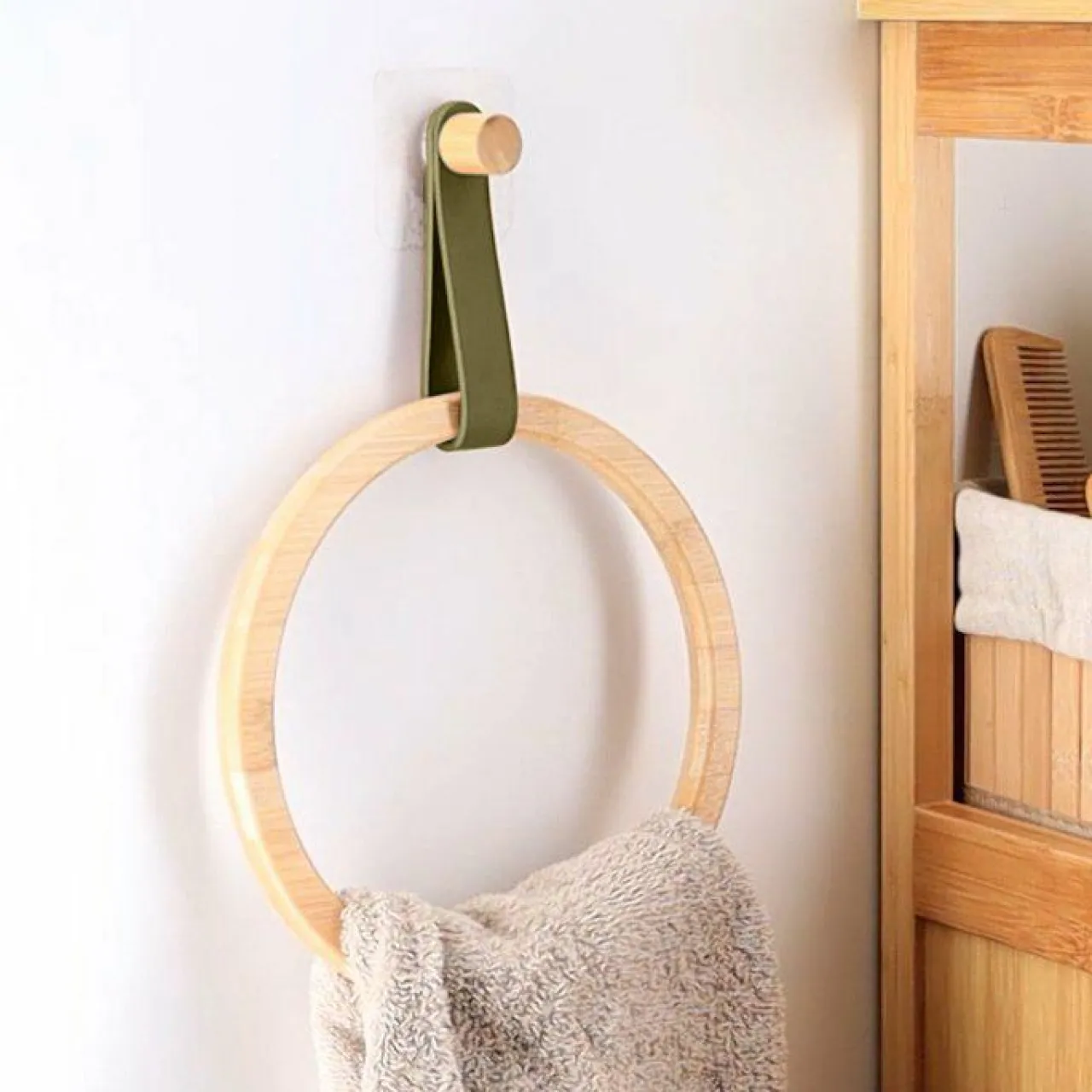 Rangement Salle De Bain|TENDANCE Porte serviette adhésif arrondi (D21 cm) Easy Chic Kaki Vert kaki