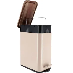 Accessoire Salle De Bain|TENDANCE Poubelle salle de bain métal et acacia Season color Beige