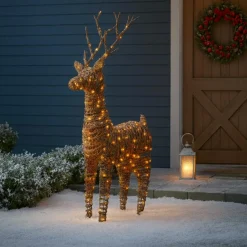 Père Noël, Animaux Et Personnage|Déco Et Objet Lumineux|EMINZA Renne lumineux 360 Micro LED (H104 cm) Dan résine tressée Brun et Blanc chaud Marron
