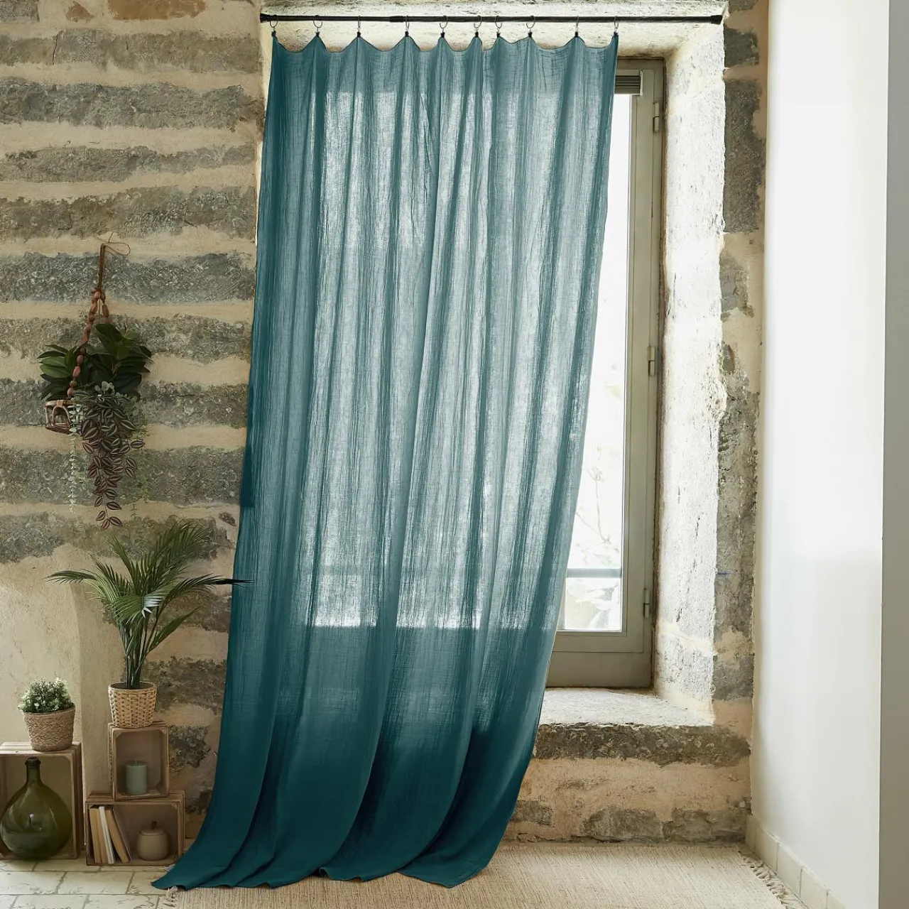 Rideau|EMINZA Rideau gaze de coton ajustable (180 x max 300 cm) Gaïa Bleu canard