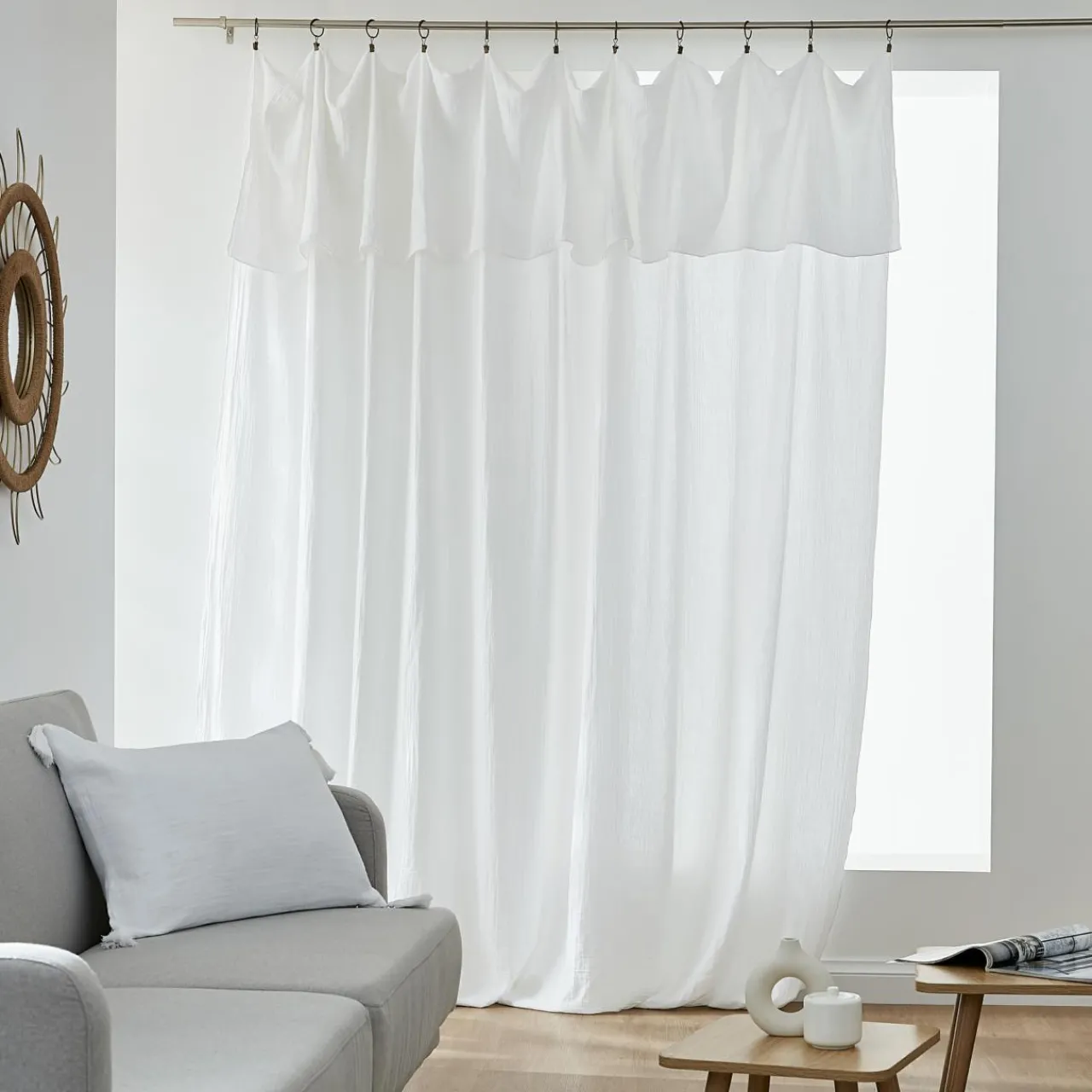 Rideau|EMINZA Rideau gaze de coton ajustable (280 x max 300 cm) Gaïa chantilly Blanc