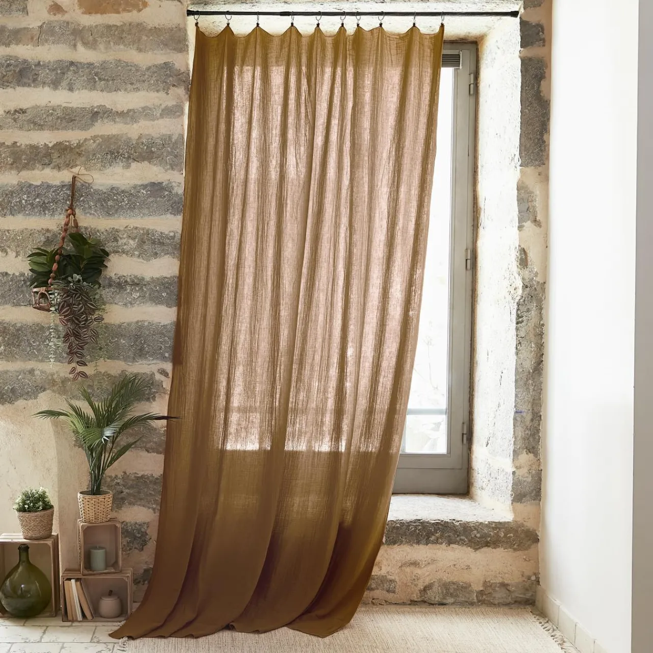 Rideau|EMINZA Rideau gaze de coton ajustable (180 x max 300 cm) Gaïa Camel