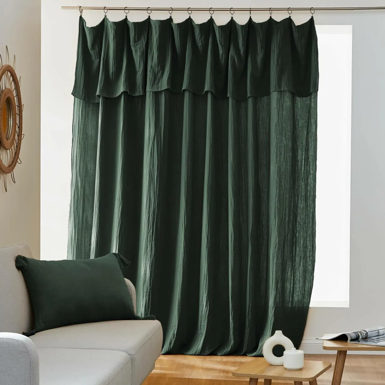 Rideau|EMINZA Rideau gaze de coton ajustable (280 x 300 cm) Gaïa Vert sapin