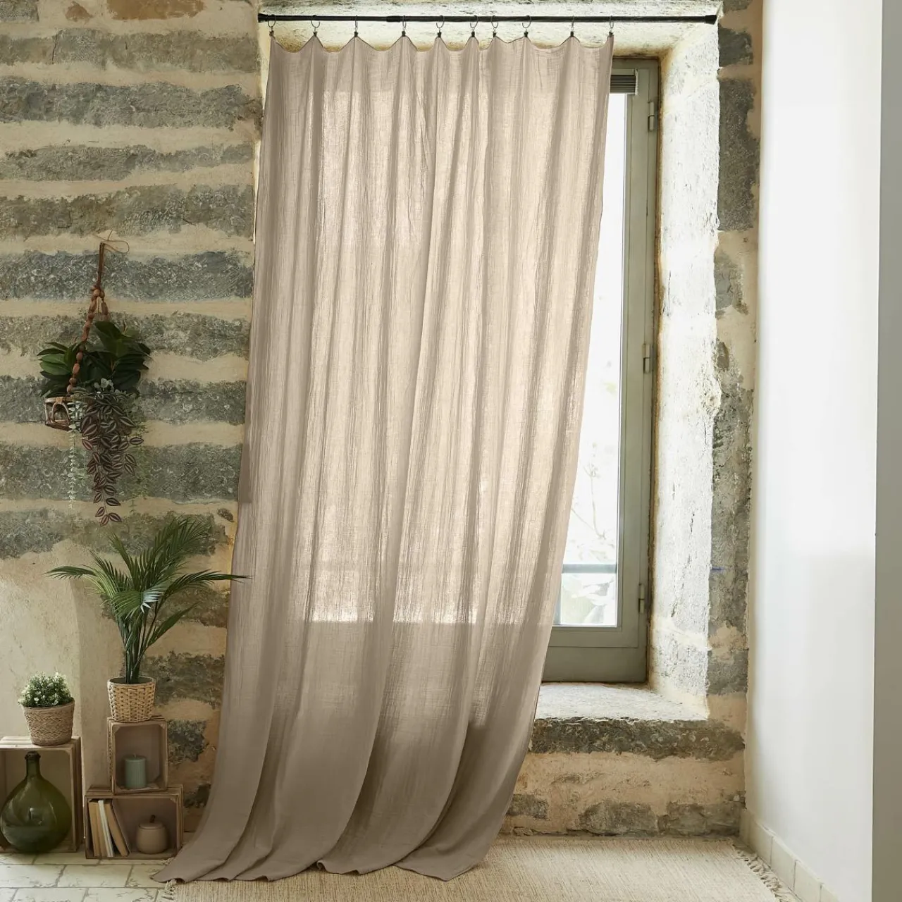 Rideau|EMINZA Rideau gaze de coton ajustable (180 x max 300 cm) Gaïa Ficelle