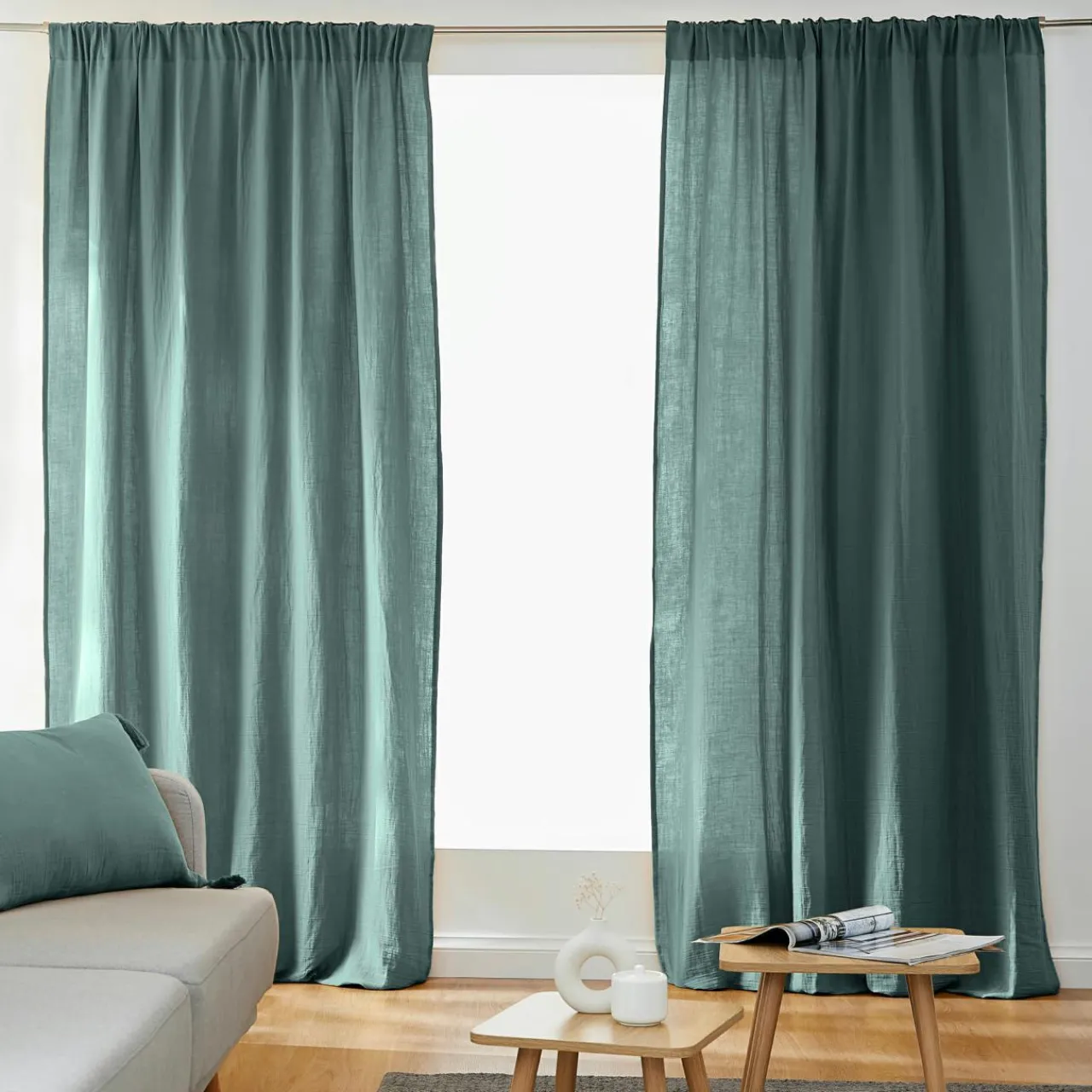 Rideau|EMINZA Rideau gaze de coton galon fronceur (140 x 240 cm) Gaïa Bleu canard