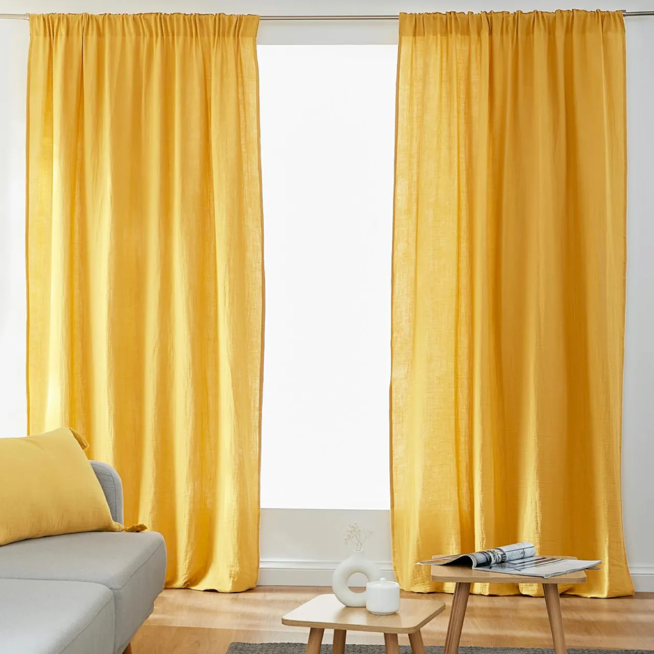 Rideau|EMINZA Rideau gaze de coton galon fronceur (140 x 240 cm) Gaïa Jaune safran