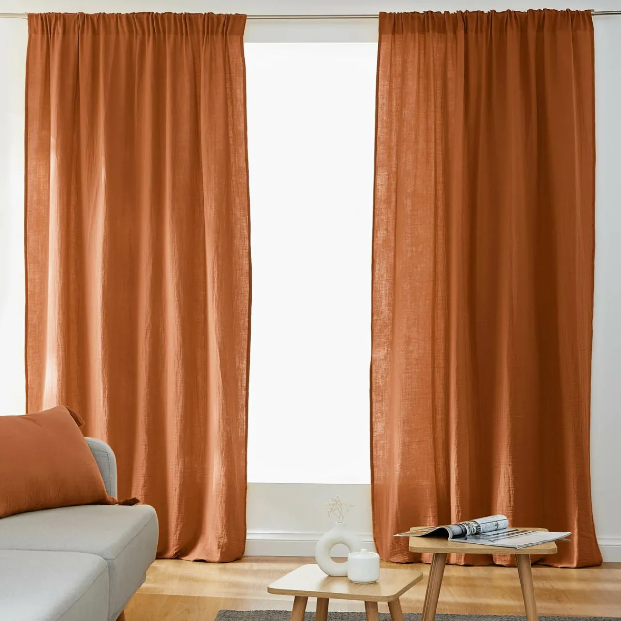Rideau|EMINZA Rideau gaze de coton galon fronceur (140 x 240 cm) Gaïa Abricot