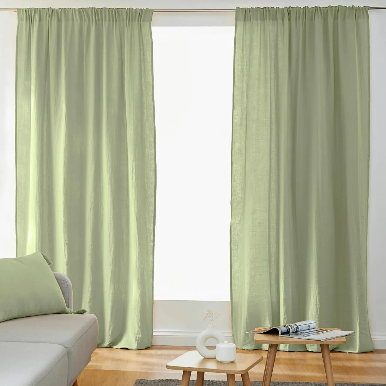 Rideau|EMINZA Rideau gaze de coton galon fronceur (180 x 240 cm) Gaïa Vert tilleul