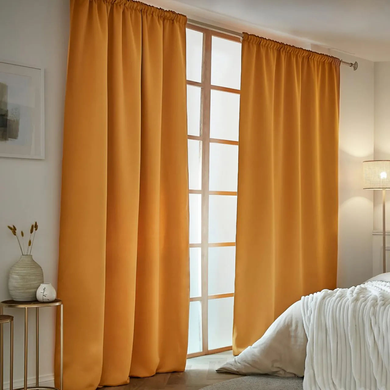 Rideau Thermique|Rideau|EMINZA Rideau obscurcissant thermique galon fronceur (140 x 240 cm) Calore Jaune moutarde