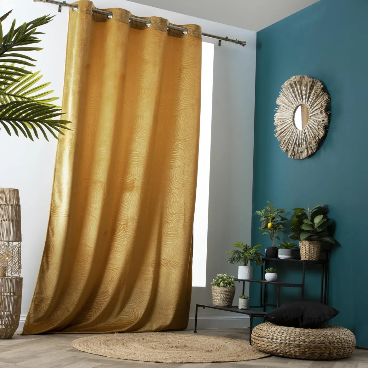 Rideau|EMINZA Rideau obscurcissant velours (140 x 240 cm) Fern Jaune ocre