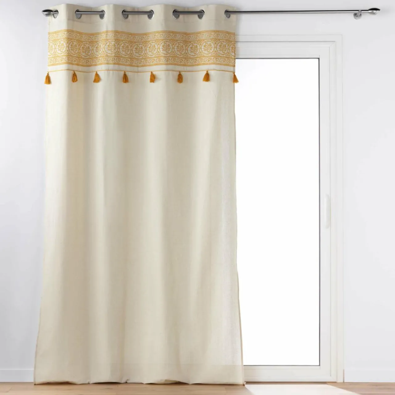 Rideau|DOUCEUR D'INTERIEUR Rideau oeillets pompons (140 x 240 cm) Isalina Jaune