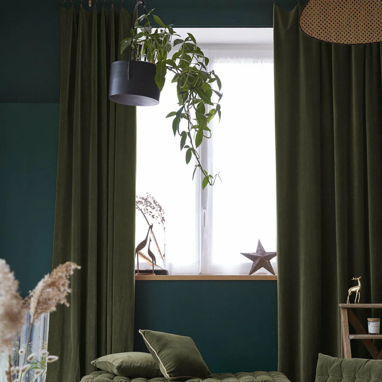 Rideau|EMINZA Rideau velours de coton ajustable (140 x max 270 cm) Victor thym Vert