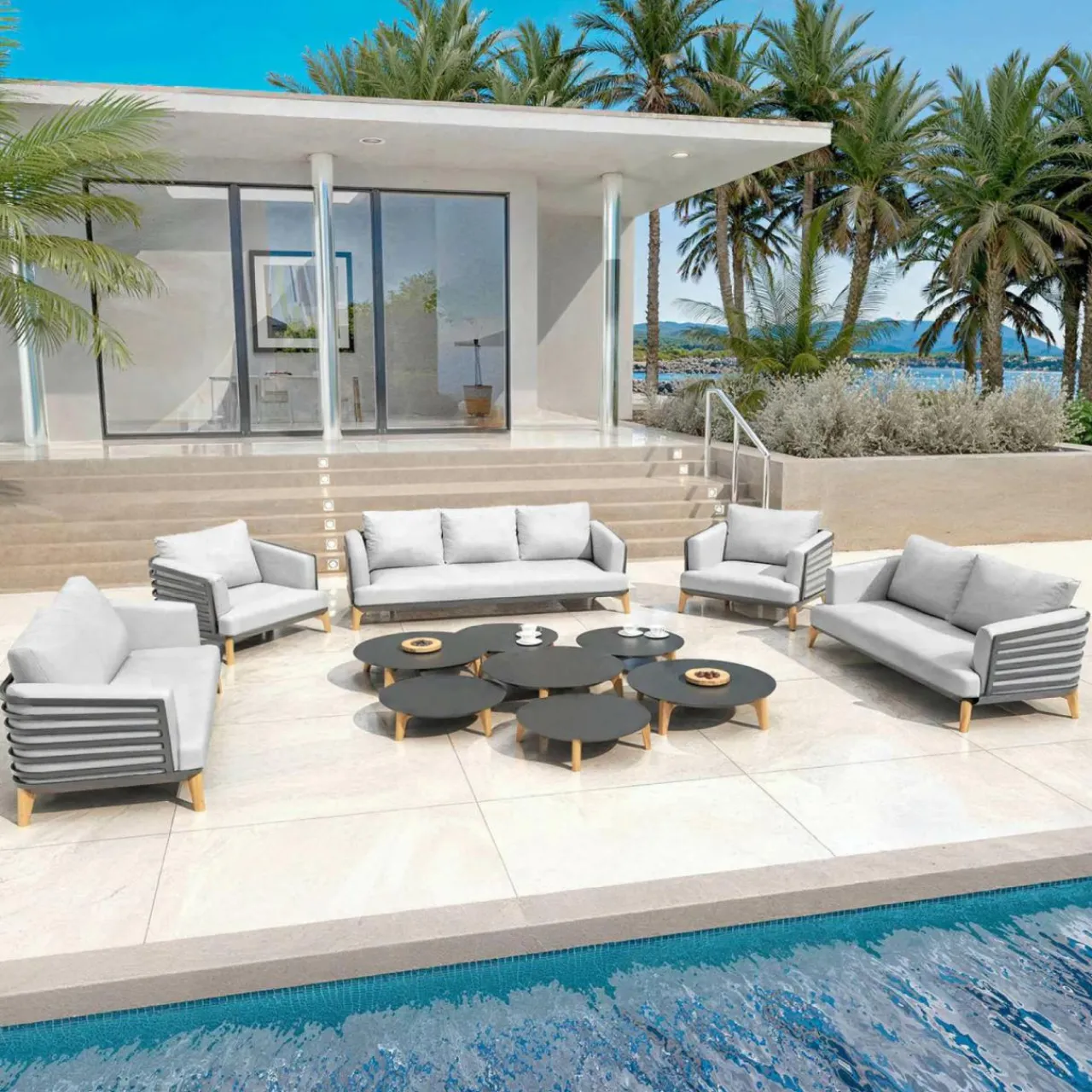 Salon De Jardin|MOBELLIA Salon de jardin aluminium 9 places 12 pcs Monte Carlo Gris anthracite et gris clair Anthracite - Gris Clair