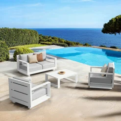 Salon De Jardin|MOBELLIA Salon de jardin aluminium 4 places 4 pcs Elba Blanc et gris clair Blanc - Gris Clair