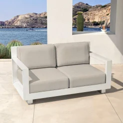 Salon De Jardin|MOBELLIA Salon de jardin aluminium 7 places 5 pcs Elba Blanc et taupe Blanc - Taupe