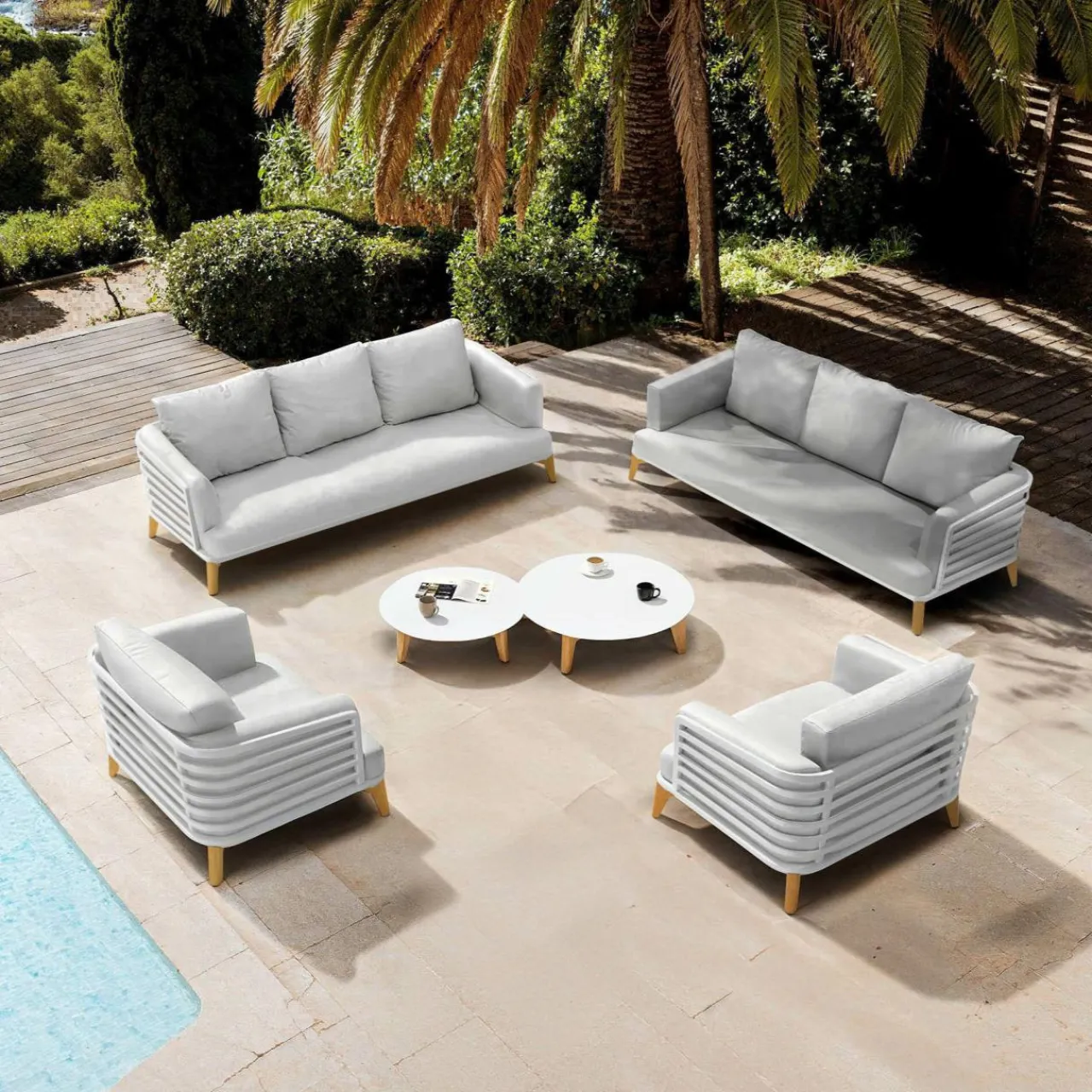 Salon De Jardin|MOBELLIA Salon de jardin aluminium 8 places 6 pcs Monte Carlo Blanc et gris clair Blanc - Gris Clair