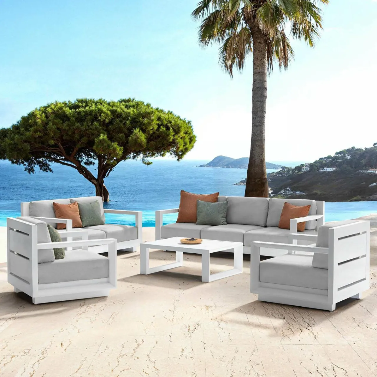 Salon De Jardin|MOBELLIA Salon de jardin aluminium 7 places 5 pcs Elba Blanc et gris clair Blanc - Gris Clair