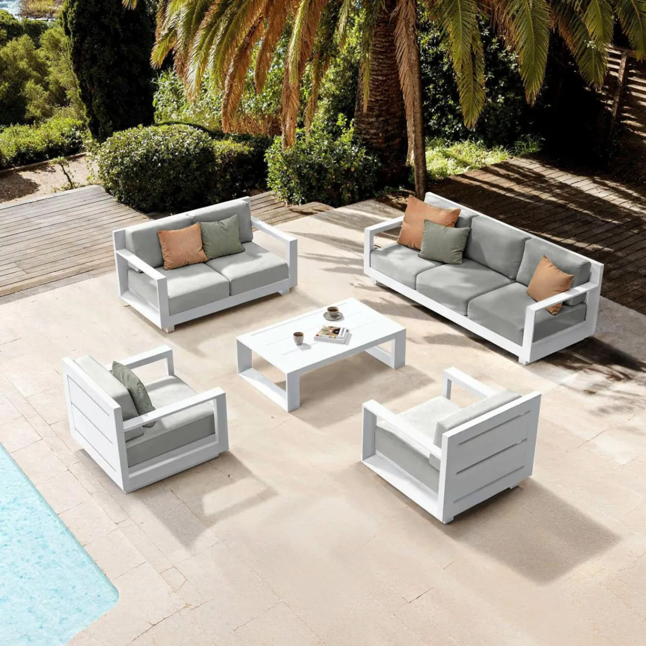Salon De Jardin|MOBELLIA Salon de jardin aluminium 7 places 5 pcs Elba Blanc et gris clair Blanc - Gris Clair
