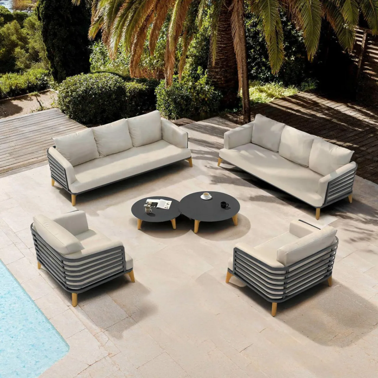 Salon De Jardin|MOBELLIA Salon de jardin aluminium 8 places 6 pcs Monte Carlo Gris anthracite et taupe Anthracite - Taupe