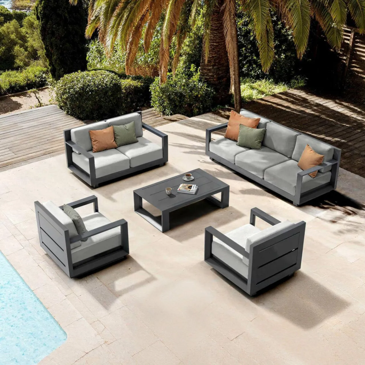 Salon De Jardin|MOBELLIA Salon de jardin aluminium 7 places 5 pcs Elba Gris anthracite et gris clair Anthracite - Gris Clair