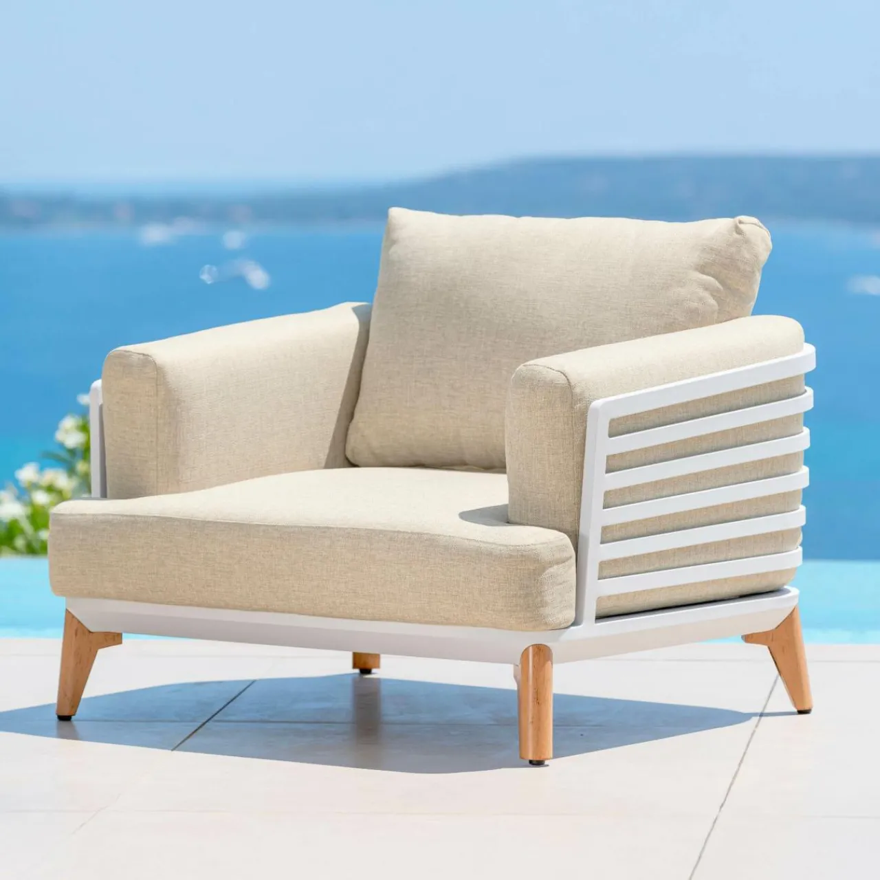 Salon De Jardin|MOBELLIA Salon de jardin aluminium 4 places 5 pcs Monte Carlo Blanc et beige Blanc - Beige