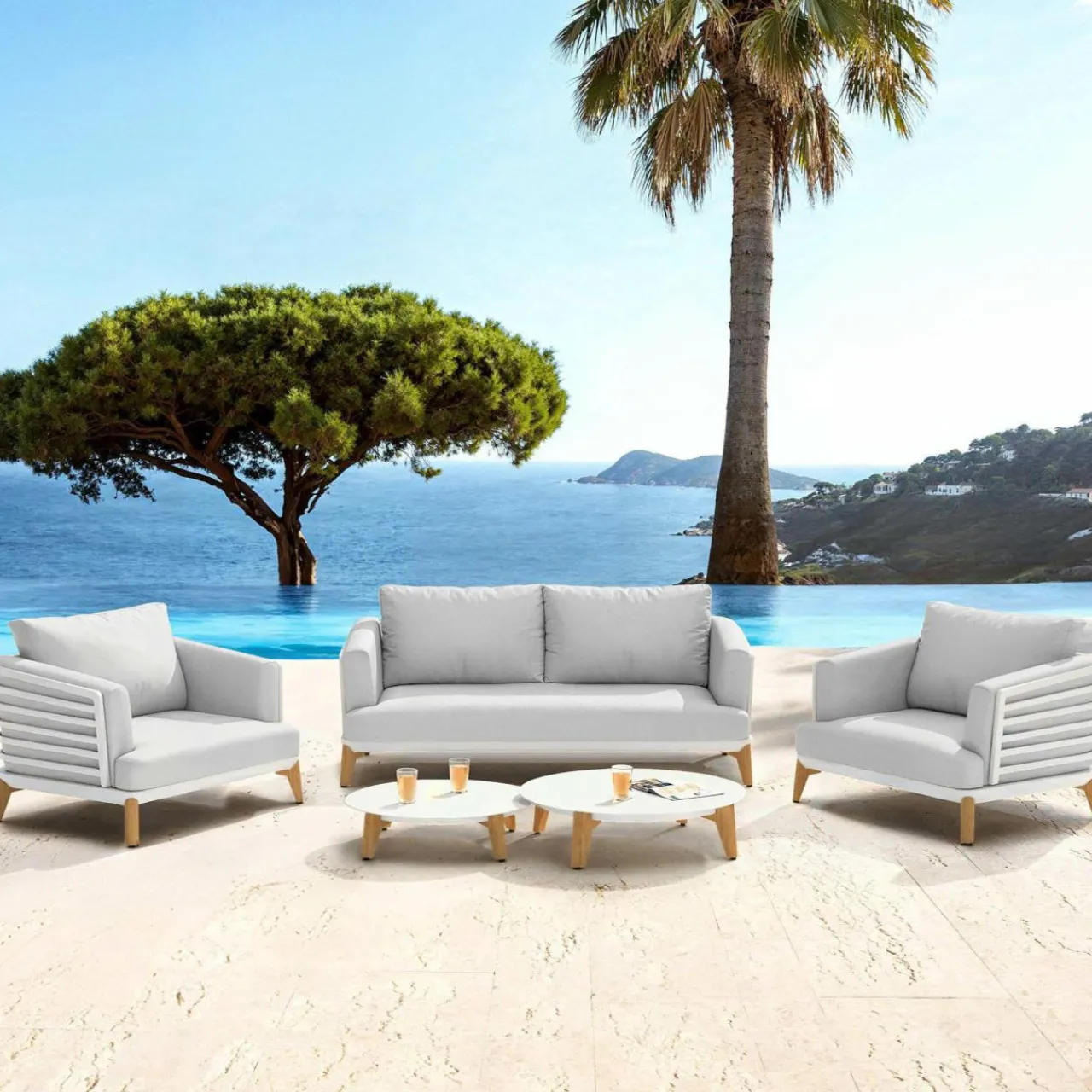 Salon De Jardin|MOBELLIA Salon de jardin aluminium 4 places 5 pcs Monte Carlo Blanc et gris clair Blanc - Gris Clair